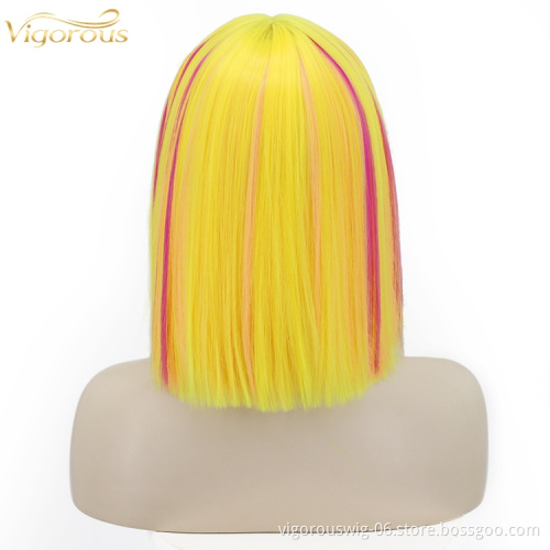 Yellow Highlight Red High Temperature Synthetic Bob Wigs With Flat Neat Bangs Short Straight Wigs for Women Wholesale
